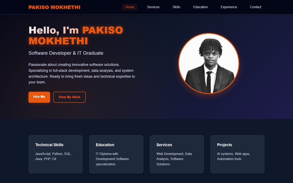 Pakiso Mokhethi portfolio website homepage